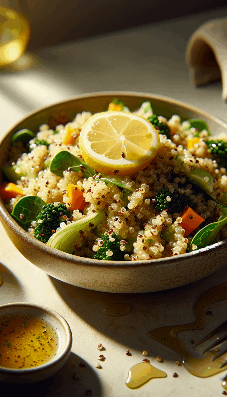 Wholesome Harvest Quinoa Salad with Honey-Lemon Dressing – close-up, Pinterest-ready plated recipe photo