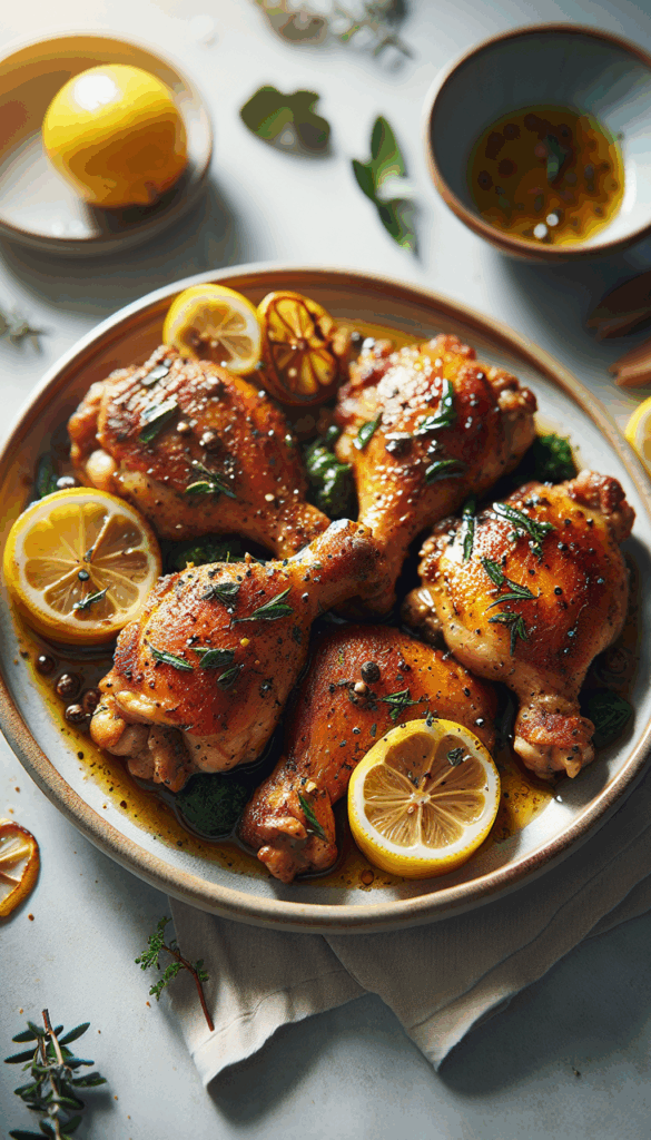 Crispy Skillet Chicken Thighs with Mediterranean Lemon Herb Sauce – close-up, Pinterest-ready plated recipe photo