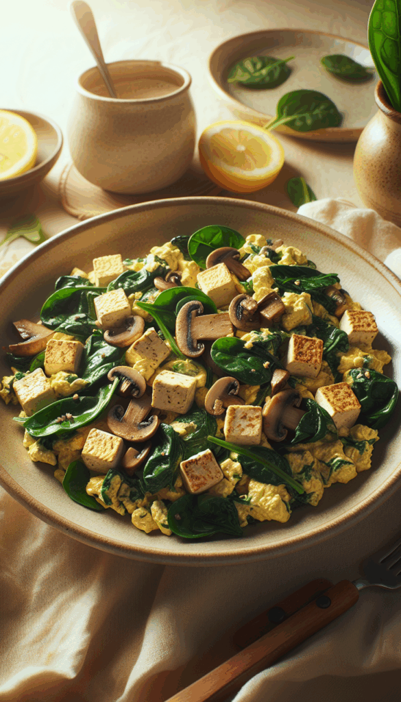 10-Minute Breakfast Tofu Scramble with Spinach and Mushrooms – close-up, Pinterest-ready plated recipe photo