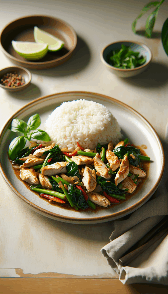 Savory Thai Basil Chicken Stir-Fry with Jasmine Rice – close-up, Pinterest-ready plated recipe photo