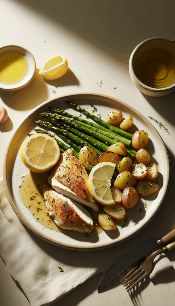 One-Pan Lemon Garlic Chicken with Roasted Asparagus and Potatoes – close-up, Pinterest-ready plated recipe photo