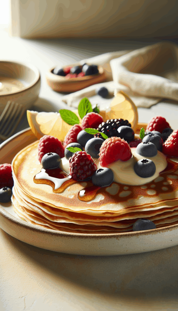 Classic French Crepes with Berries and Vanilla Cream Filling – close-up, Pinterest-ready plated recipe photo