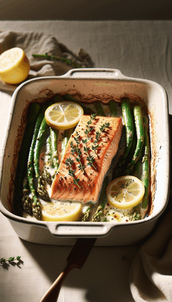One-Pan Lemon Thyme Baked Salmon with Asparagus – close-up, Pinterest-ready plated recipe photo