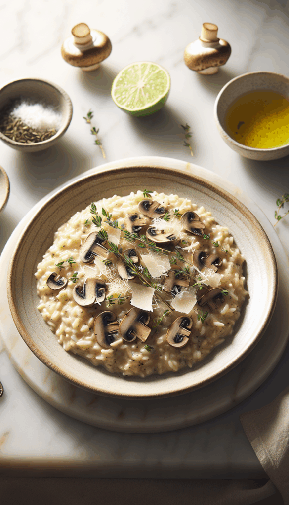 Creamy Mushroom Risotto with Parmesan and Thyme – close-up, Pinterest-ready plated recipe photo