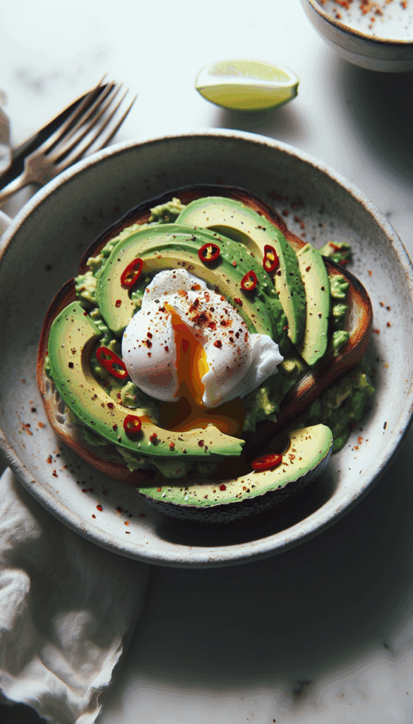 Avocado Toast with Poached Egg and Chili Flakes for Breakfast – close-up, Pinterest-ready plated recipe photo
