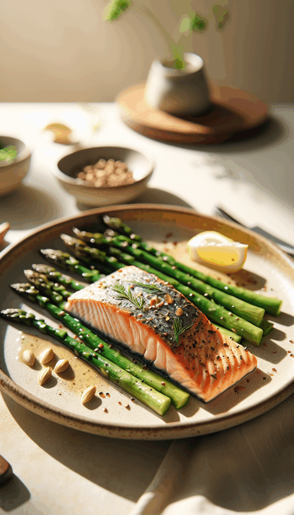One-Pan Garlic Butter Salmon with Asparagus – close-up, Pinterest-ready plated recipe photo