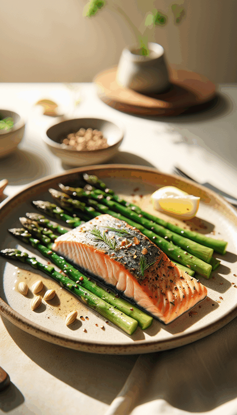 One-Pan Garlic Butter Salmon with Asparagus – close-up, Pinterest-ready plated recipe photo