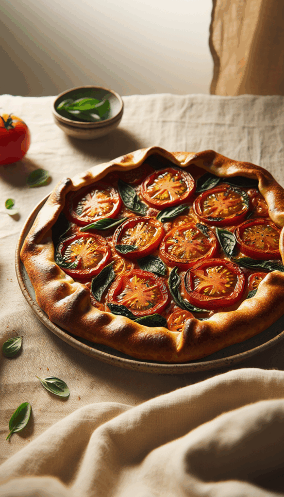 Rustic Tomato Basil Galette That Says Comfort Food – close-up, Pinterest-ready plated recipe photo