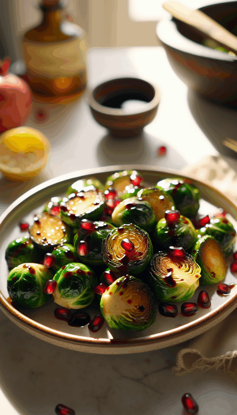 Tangy Pomegranate-Balsamic Glazed Brussels Sprouts – close-up, Pinterest-ready plated recipe photo