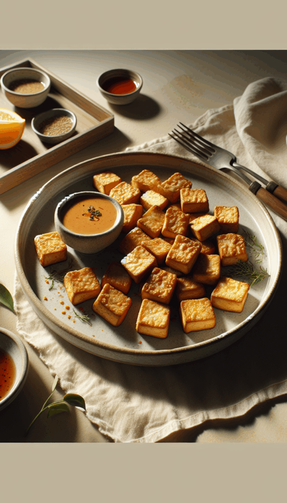 Air Fryer Crispy Tofu with Spicy Peanut Dipping Sauce – close-up, Pinterest-ready plated recipe photo