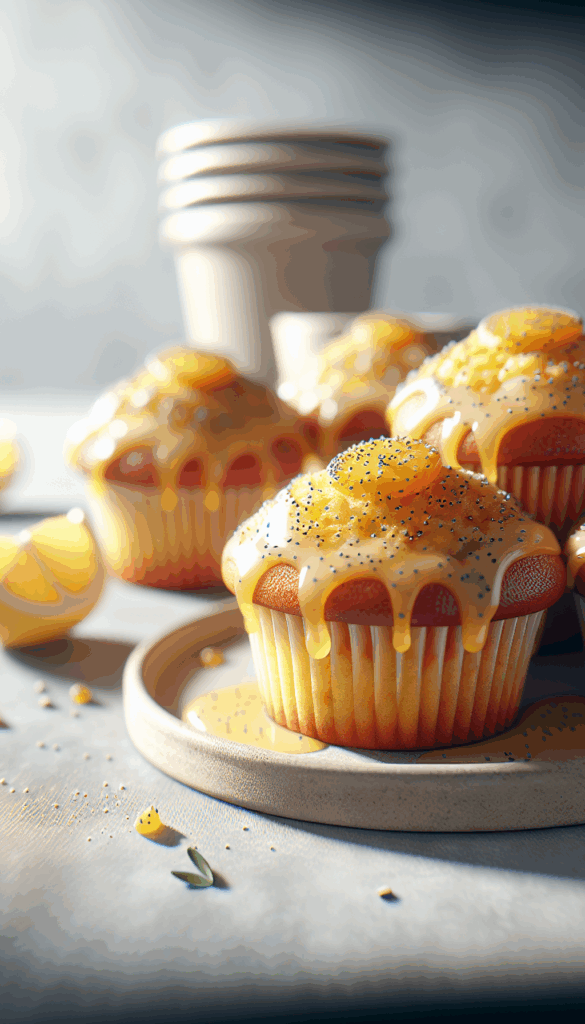 Luscious Lemon Poppy Seed Muffins with a Citrusy Glaze – close-up, Pinterest-ready plated recipe photo