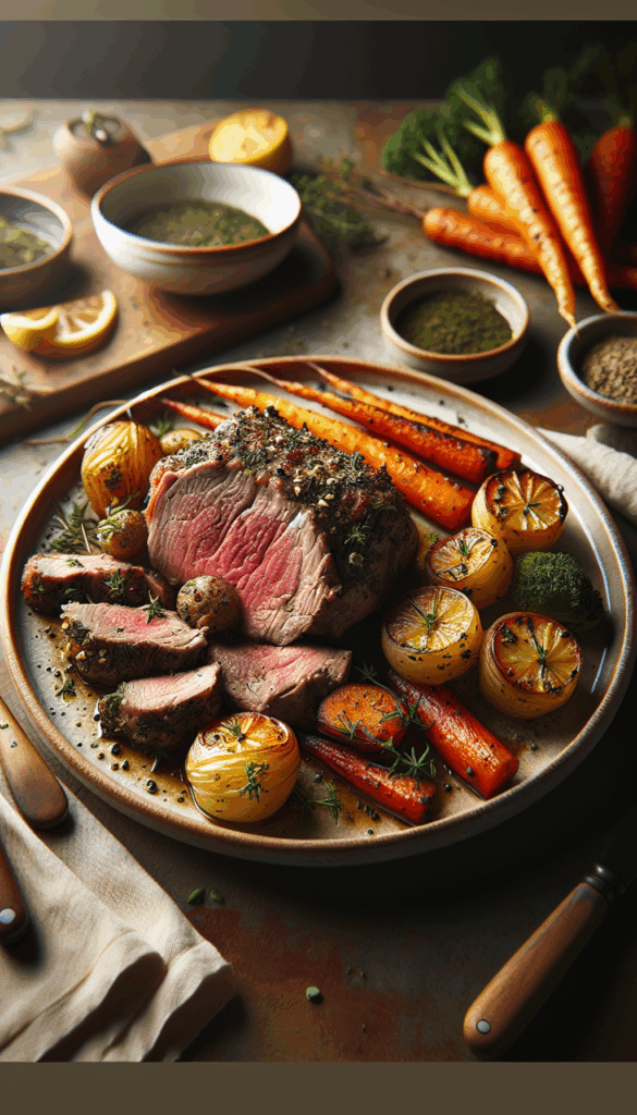 Succulent Herb-Crusted Lamb with Roasted Root Vegetables – close-up, Pinterest-ready plated recipe photo