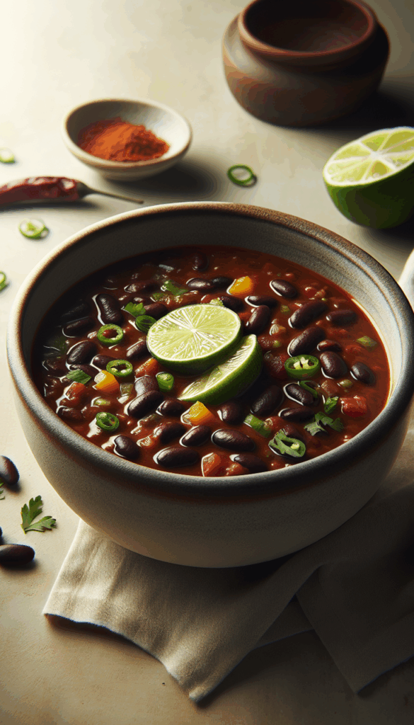 Hearty Black Bean Chili with Smoky Chipotle and Lime – close-up, Pinterest-ready plated recipe photo