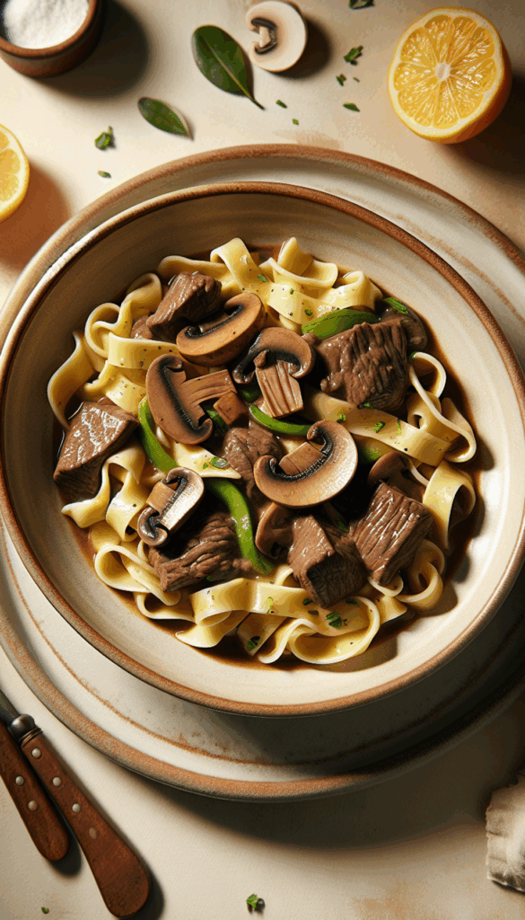 Slow Cooker Beef Stroganoff with Egg Noodles and Mushrooms – close-up, Pinterest-ready plated recipe photo