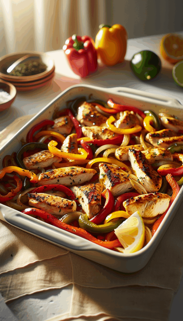 Sheet Pan Chicken Fajitas with Peppers and Onions – close-up, Pinterest-ready plated recipe photo