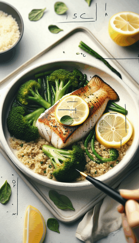 Baked Lemon Herb Tilapia with Quinoa and Steamed Broccoli – close-up, Pinterest-ready plated recipe photo