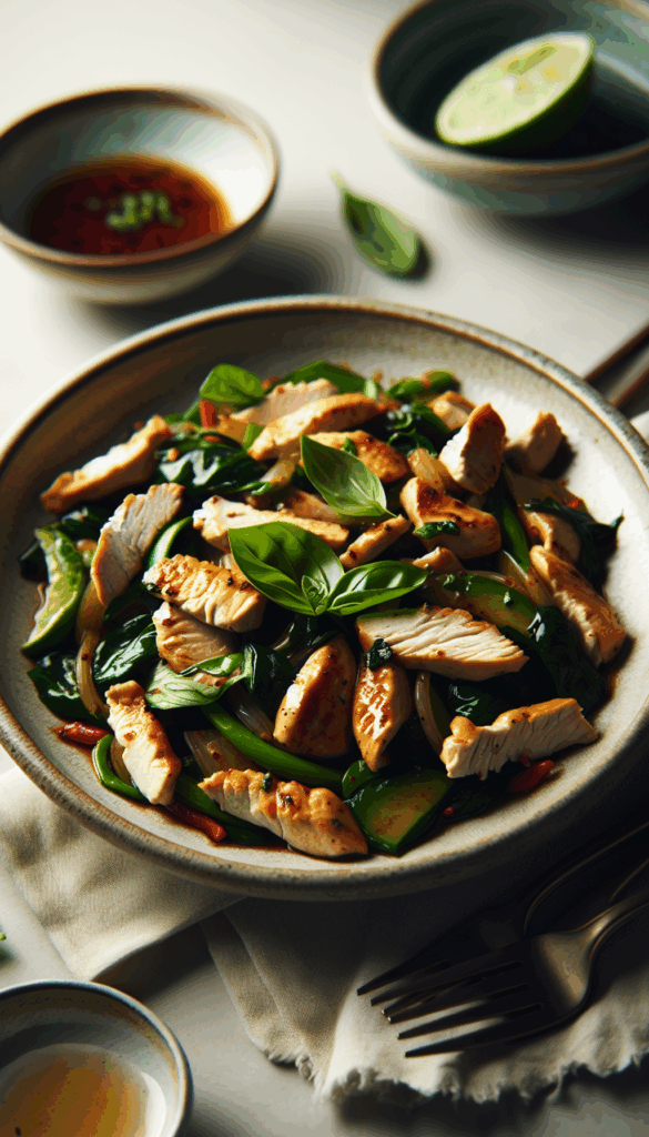 Global Flavors: Thai Basil Chicken Stir Fry – close-up, Pinterest-ready plated recipe photo
