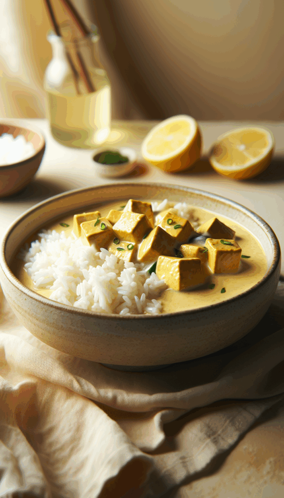 Creamy Tofu Coconut Curry with Jasmine Rice – close-up, Pinterest-ready plated recipe photo