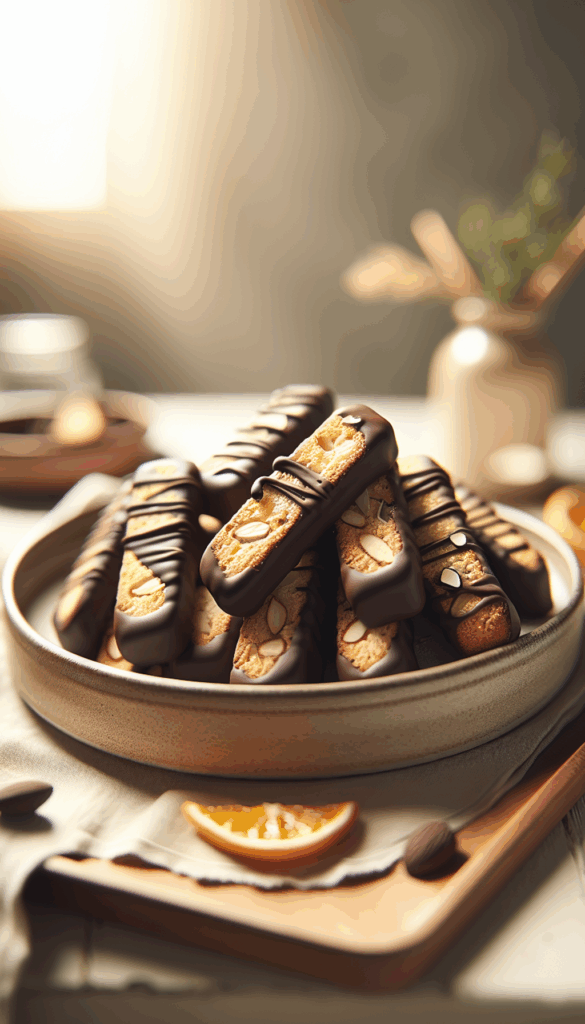 Chocolate Dipped Almond Biscotti for Coffee Lovers – close-up, Pinterest-ready plated recipe photo