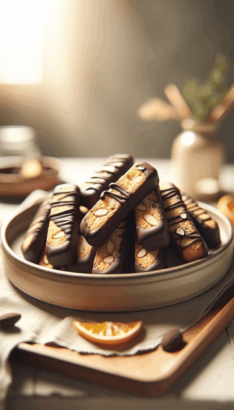 Chocolate Dipped Almond Biscotti for Coffee Lovers – close-up, Pinterest-ready plated recipe photo