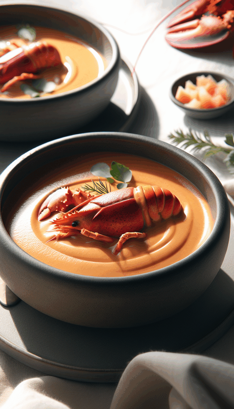 Velvety Lobster Bisque: Sophisticated Seafood Starter – close-up, Pinterest-ready plated recipe photo