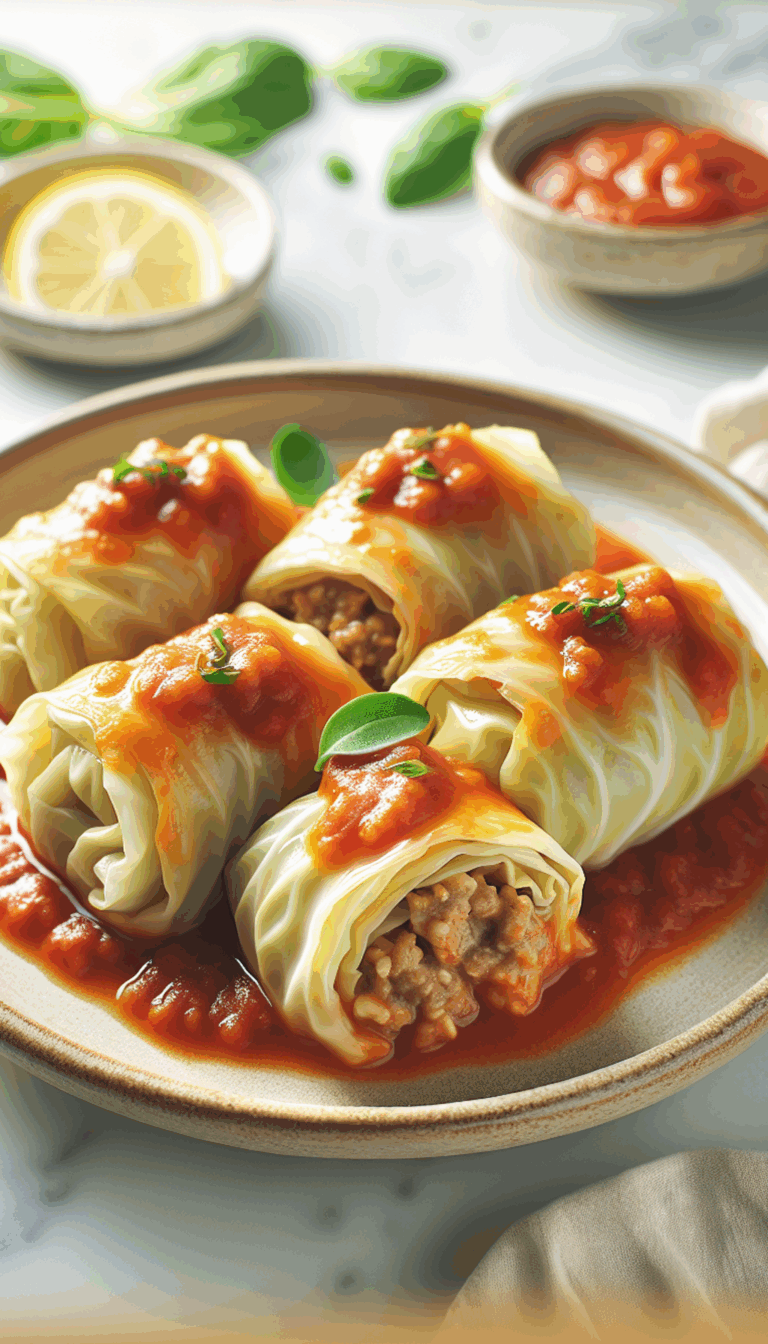 Cabbage Rolls Stuffed with Ground Turkey and Rice in Tomato Sauce – close-up, Pinterest-ready plated recipe photo