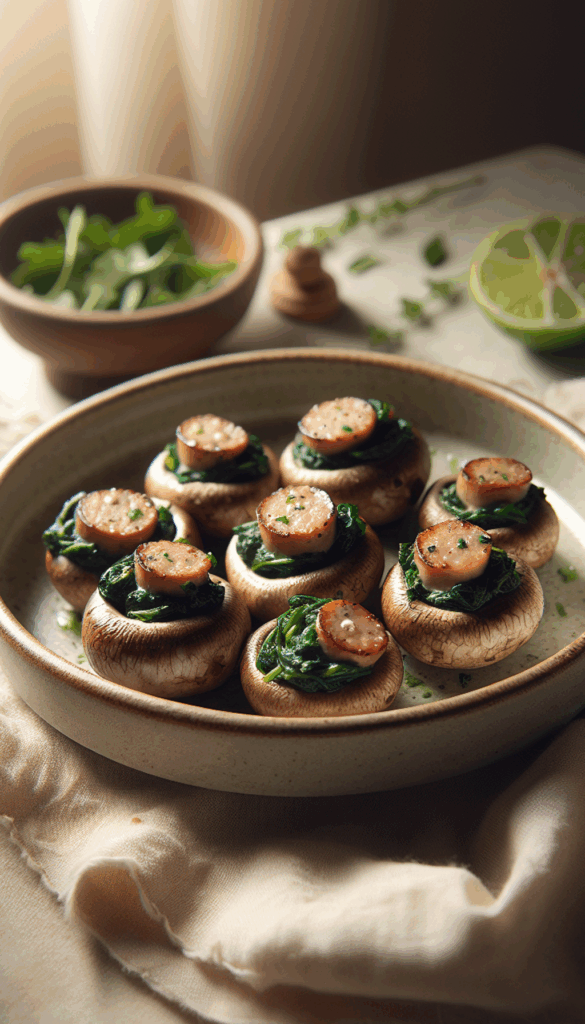 Savory Sausage and Spinach Stuffed Mushrooms – close-up, Pinterest-ready plated recipe photo