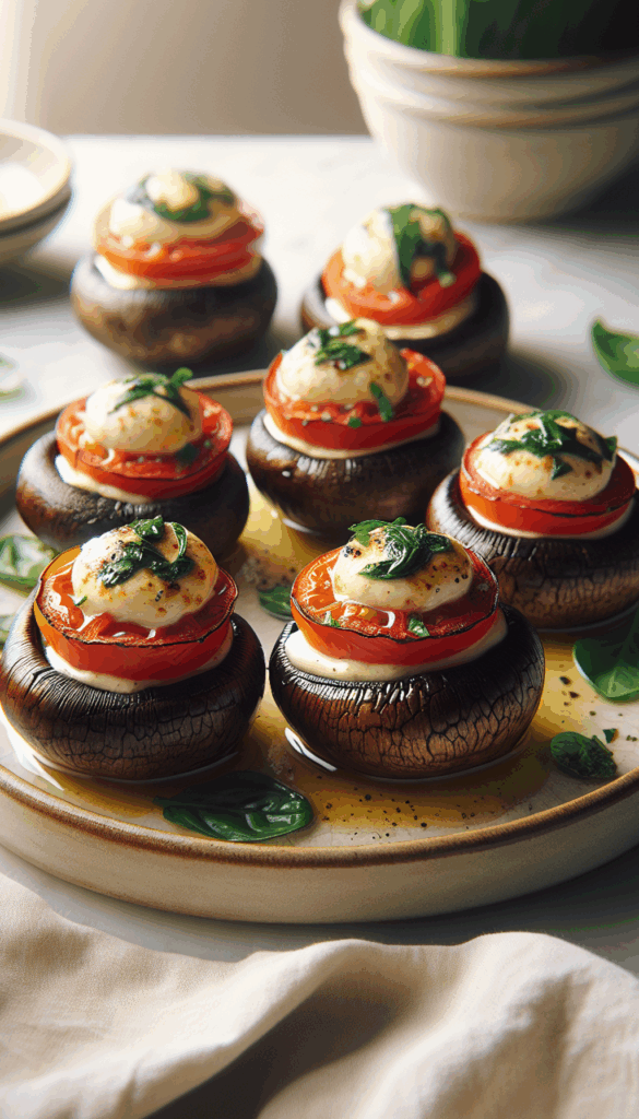 Caprese Stuffed Portobello Mushrooms: Elegant Appetizer – close-up, Pinterest-ready plated recipe photo