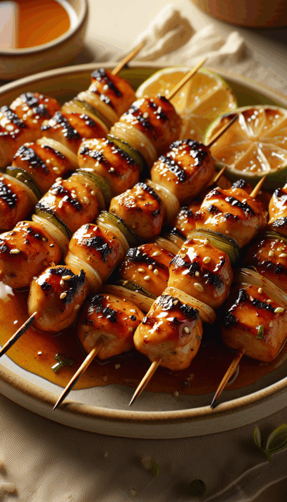 Honey Sriracha Glazed Grilled Chicken Skewers – close-up, Pinterest-ready plated recipe photo
