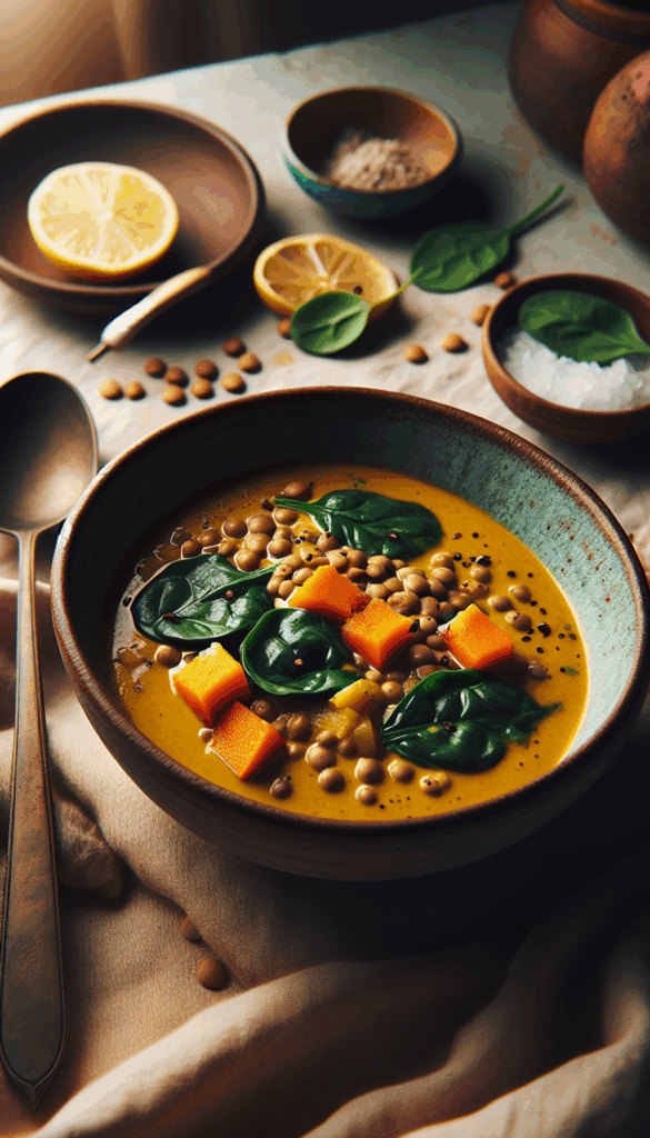 Coconut Curry Lentil Soup with Spinach and Sweet Potatoes – close-up, Pinterest-ready plated recipe photo