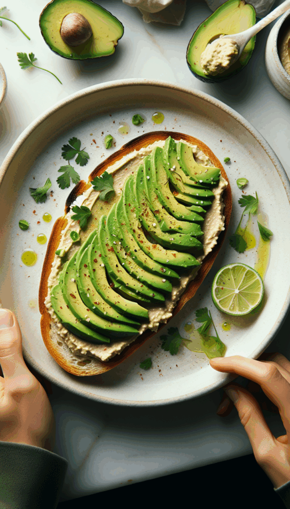 Tradition Meets Trend: Avocado Hummus Toast – close-up, Pinterest-ready plated recipe photo