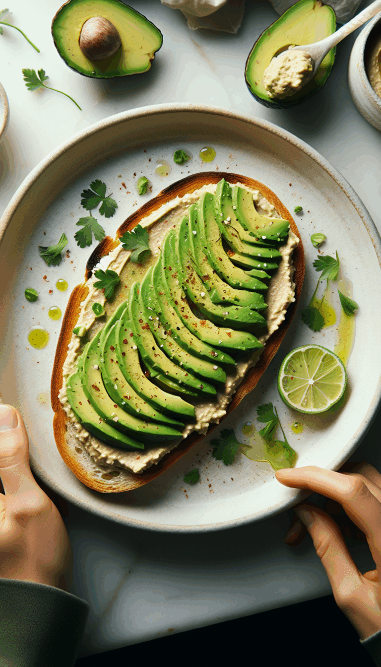 Tradition Meets Trend: Avocado Hummus Toast – close-up, Pinterest-ready plated recipe photo
