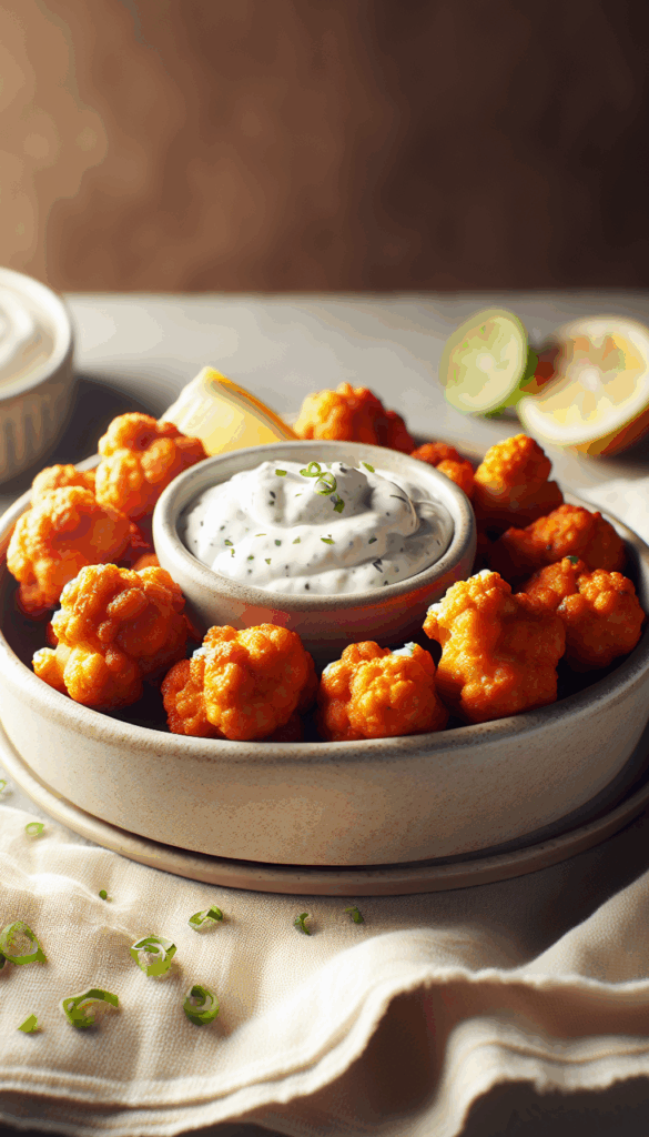 Buffalo Cauliflower Bites with Creamy Ranch Dip for Game Day – close-up, Pinterest-ready plated recipe photo