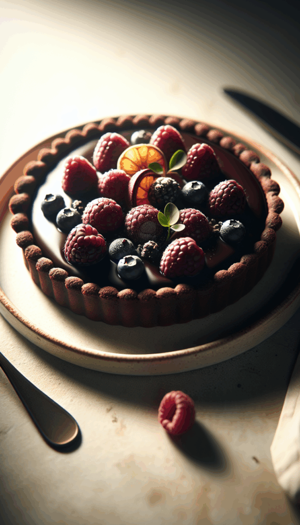 Decadent Dark Chocolate Raspberry Tart: A Sweet Escape to Indulgence – close-up, Pinterest-ready plated recipe photo