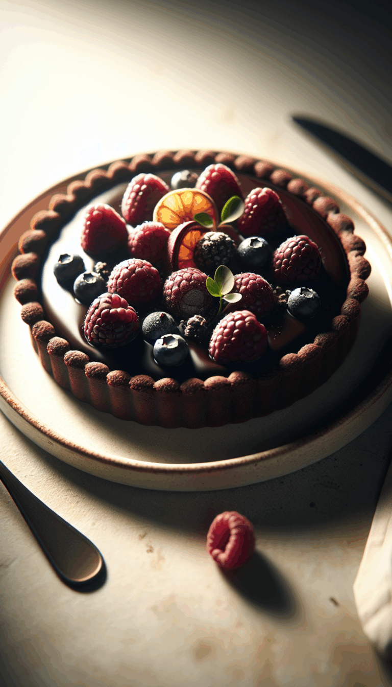 Decadent Dark Chocolate Raspberry Tart: A Sweet Escape to Indulgence – close-up, Pinterest-ready plated recipe photo