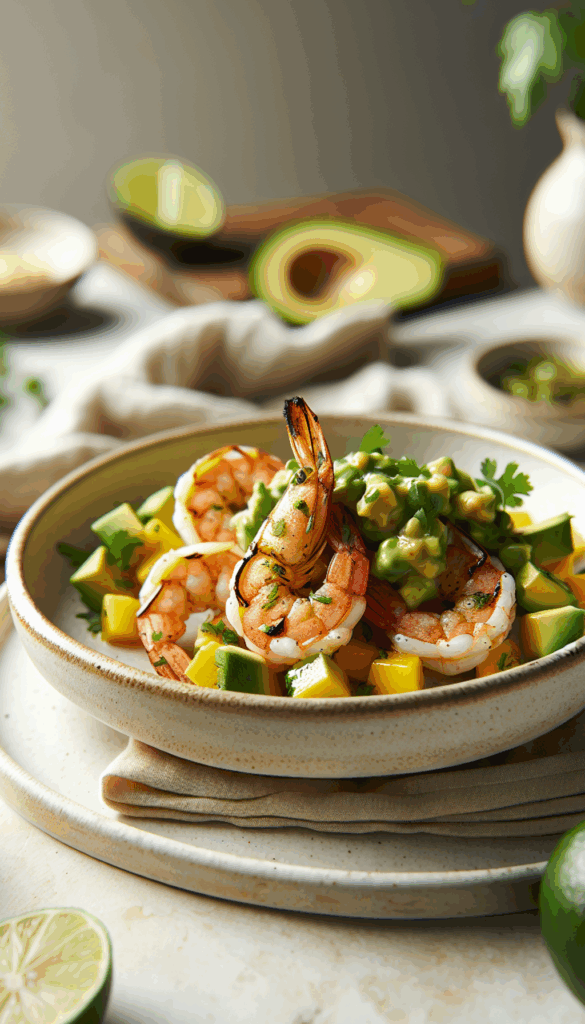 Grilled Lime-Cilantro Shrimp with Avocado Mango Salsa – close-up, Pinterest-ready plated recipe photo