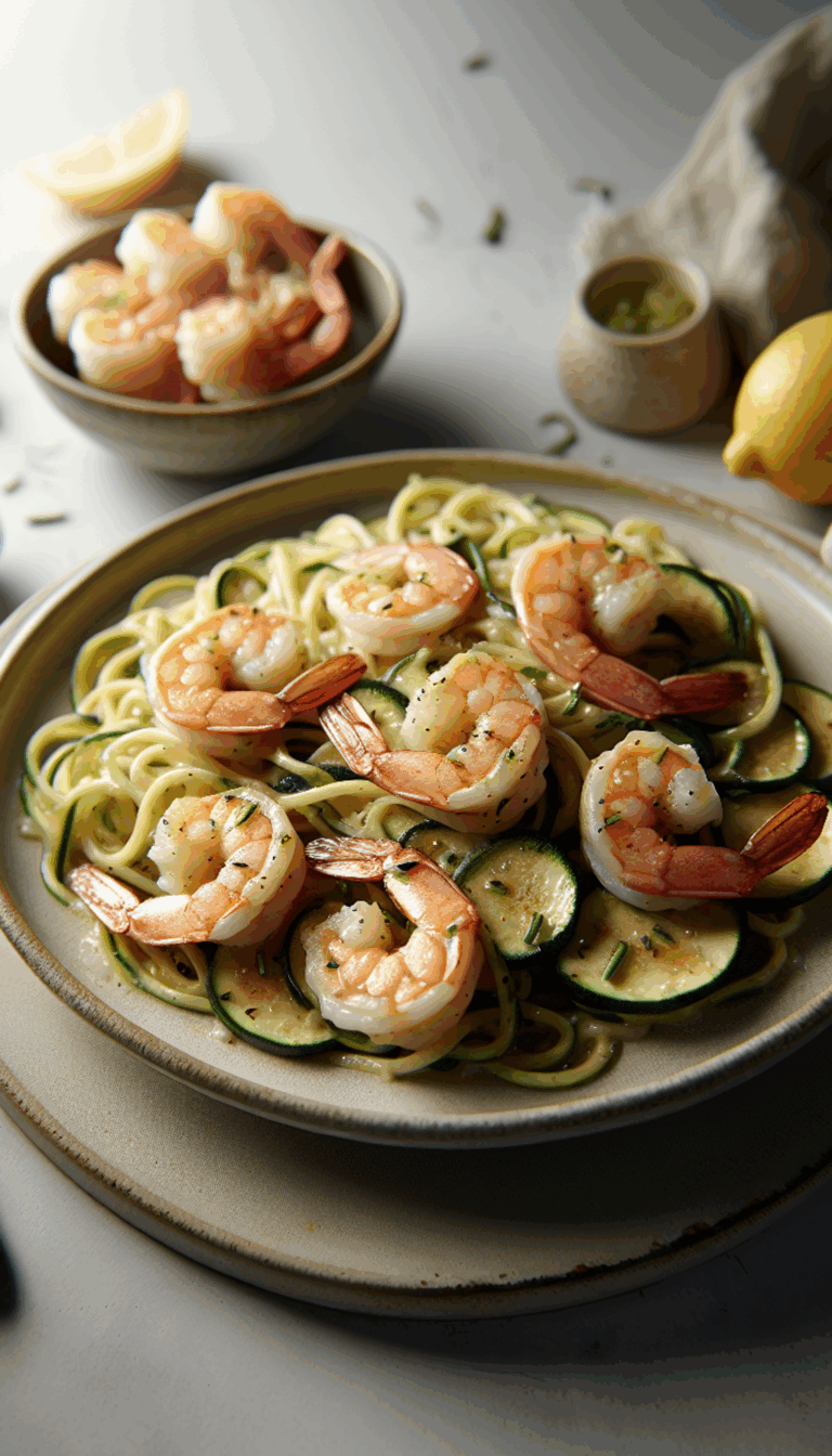 Creamy Garlic Butter Tuscan Shrimp Over Zucchini Noodles – close-up, Pinterest-ready plated recipe photo