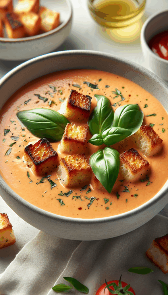 Creamy Tomato Basil Soup with Grilled Cheese Croutons – close-up, Pinterest-ready plated recipe photo