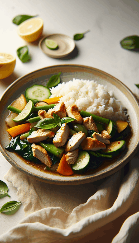 Thai Basil Chicken Stir-Fry with Jasmine Rice and Fresh Veggies – close-up, Pinterest-ready plated recipe photo