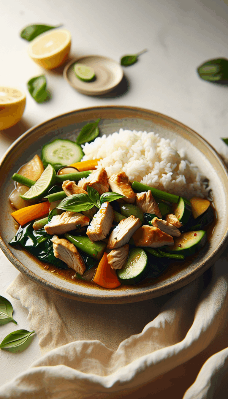 Thai Basil Chicken Stir-Fry with Jasmine Rice and Fresh Veggies – close-up, Pinterest-ready plated recipe photo