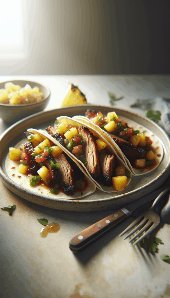 Slow-Roasted Pork Shoulder Tacos with Pineapple Salsa – close-up, Pinterest-ready plated recipe photo