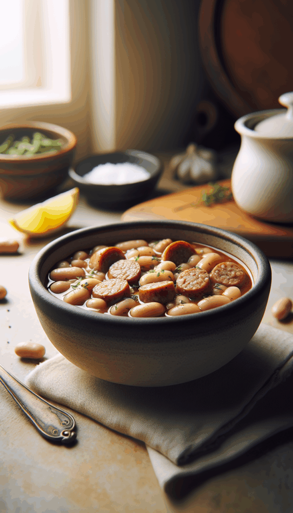 Slow Cooker Italian Sausage and White Bean Stew – close-up, Pinterest-ready plated recipe photo