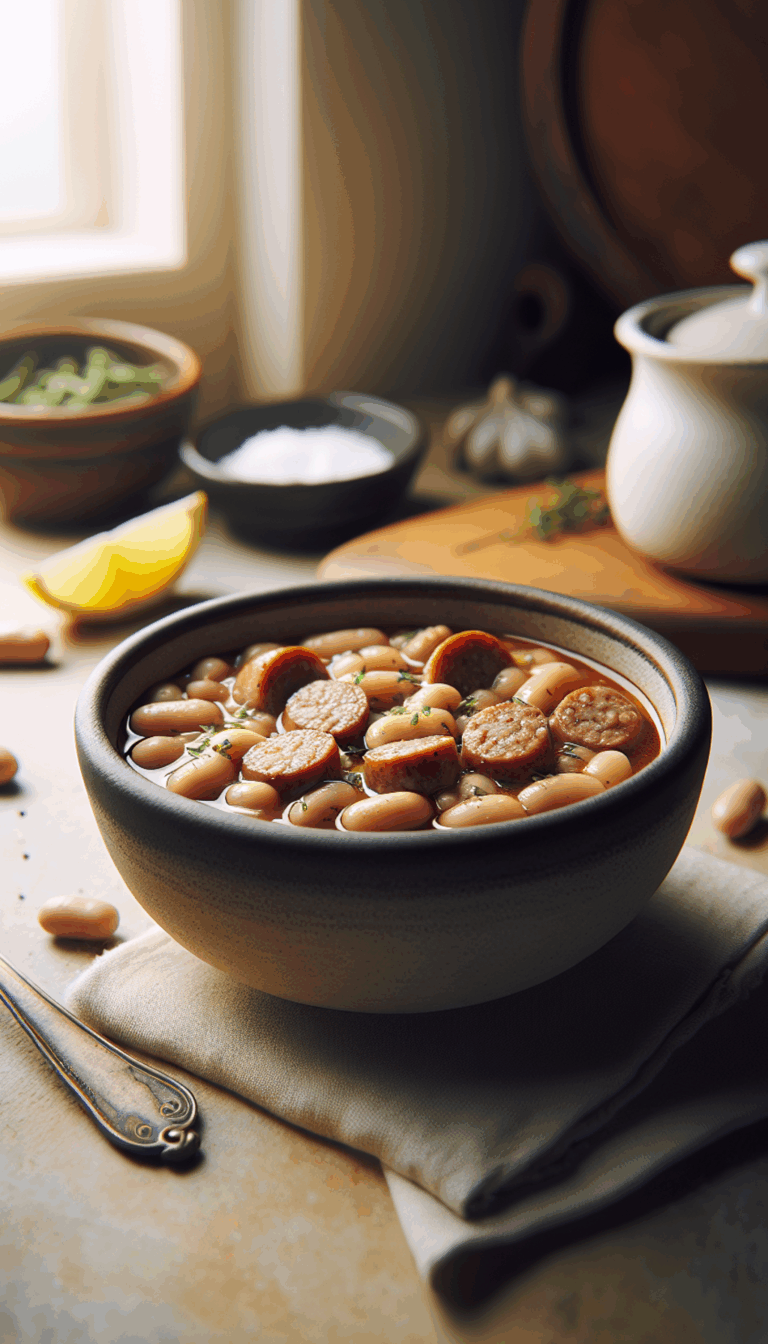 Slow Cooker Italian Sausage and White Bean Stew – close-up, Pinterest-ready plated recipe photo