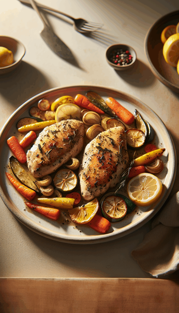 Sheet-Pan Lemon Herb Chicken with Roasted Veggies – close-up, Pinterest-ready plated recipe photo