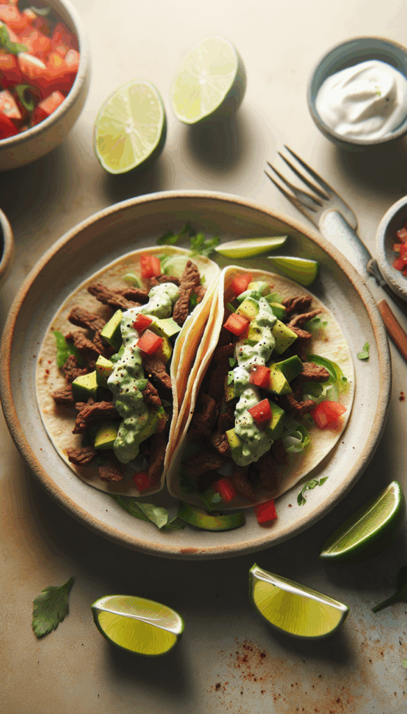 Spicy Beef Tacos with Avocado Lime Crema and Fresh Salsa – close-up, Pinterest-ready plated recipe photo