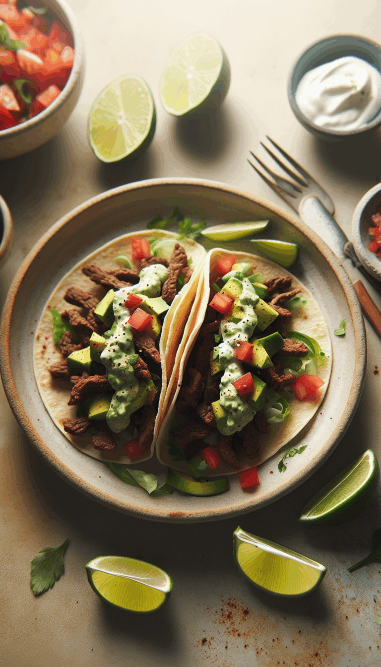 Spicy Beef Tacos with Avocado Lime Crema and Fresh Salsa – close-up, Pinterest-ready plated recipe photo