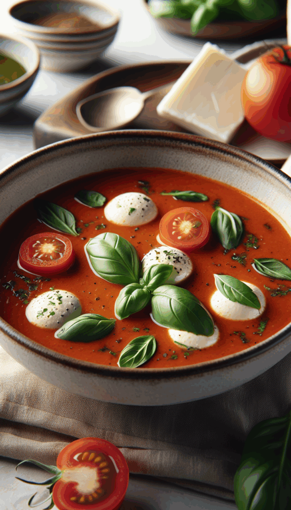Cozy Comfort: Rustic Tomato Basil Soup with Fresh Mozzarella – close-up, Pinterest-ready plated recipe photo