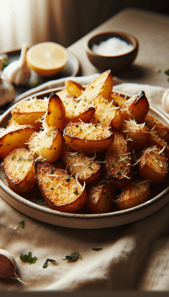 Perfectly Crispy Garlic Parmesan Roasted Potatoes – close-up, Pinterest-ready plated recipe photo