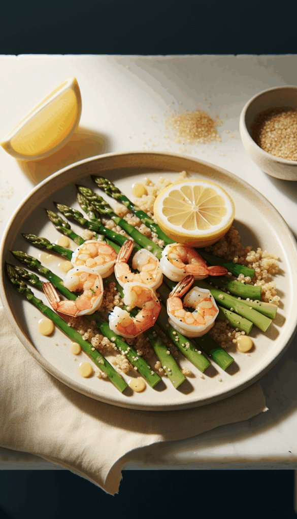 One-Pan Lemon Garlic Shrimp with Asparagus and Quinoa – close-up, Pinterest-ready plated recipe photo