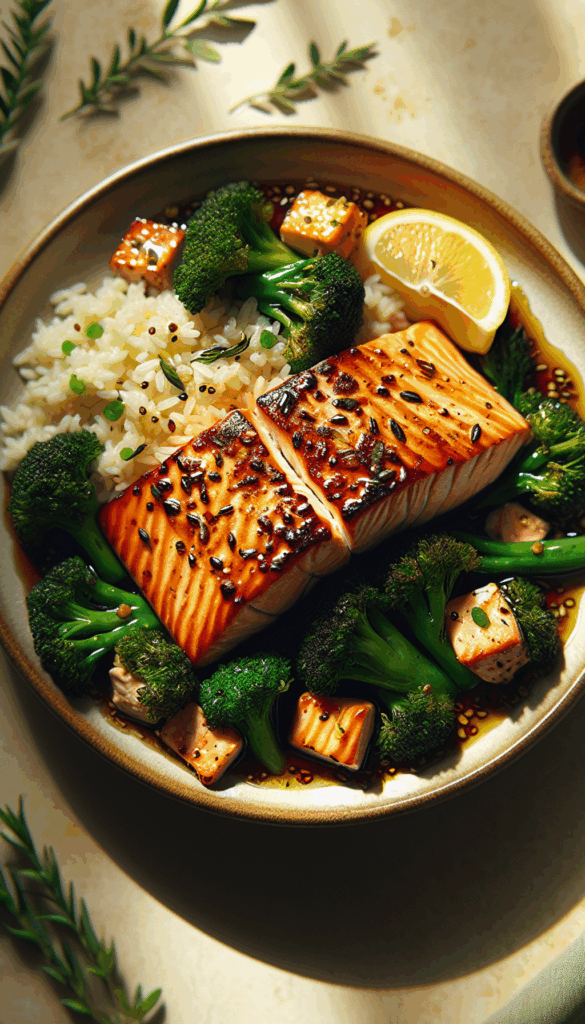 Honey Garlic Glazed Salmon with Sautéed Broccoli and Rice – close-up, Pinterest-ready plated recipe photo